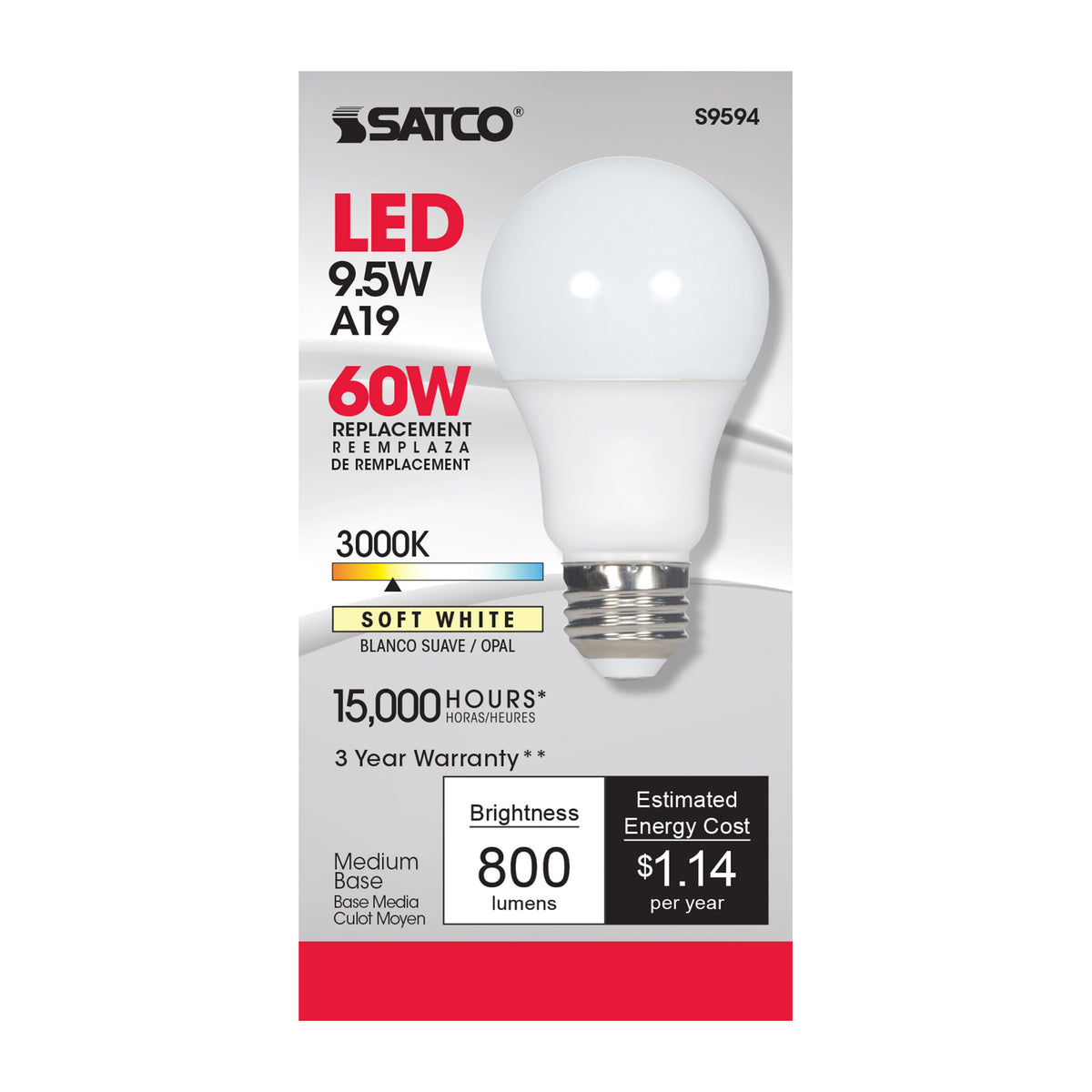 9.5 Watt - A19 LED - Frosted - 3000K Medium base - 220 deg. Beam Angle - 120 Volt - Non-Dimmable