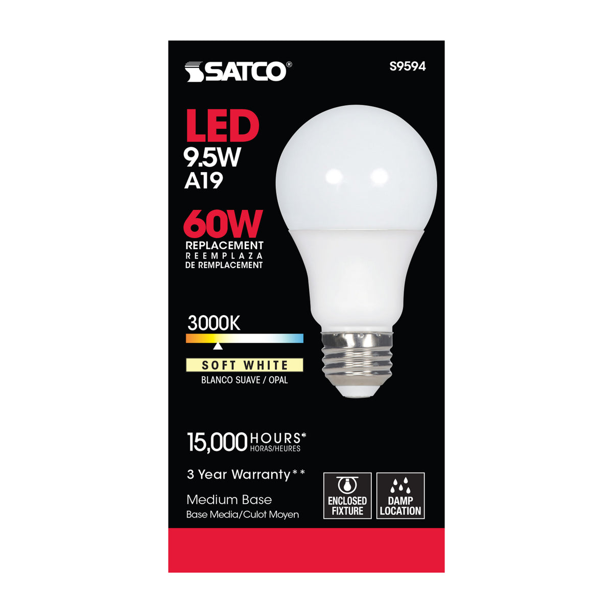 9.5 Watt - A19 LED - Frosted - 3000K Medium base - 220 deg. Beam Angle - 120 Volt - Non-Dimmable
