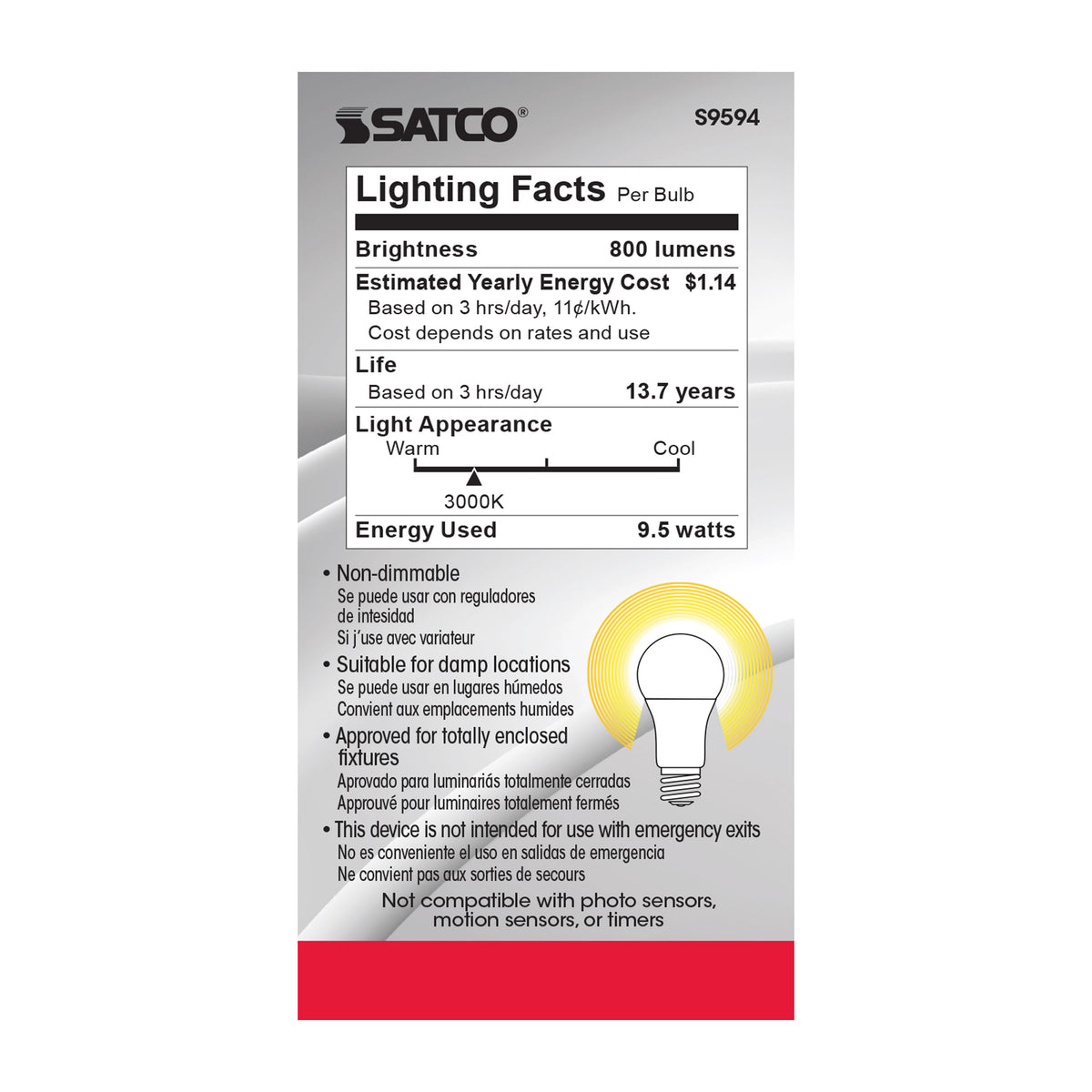 9.5 Watt - A19 LED - Frosted - 3000K Medium base - 220 deg. Beam Angle - 120 Volt - Non-Dimmable