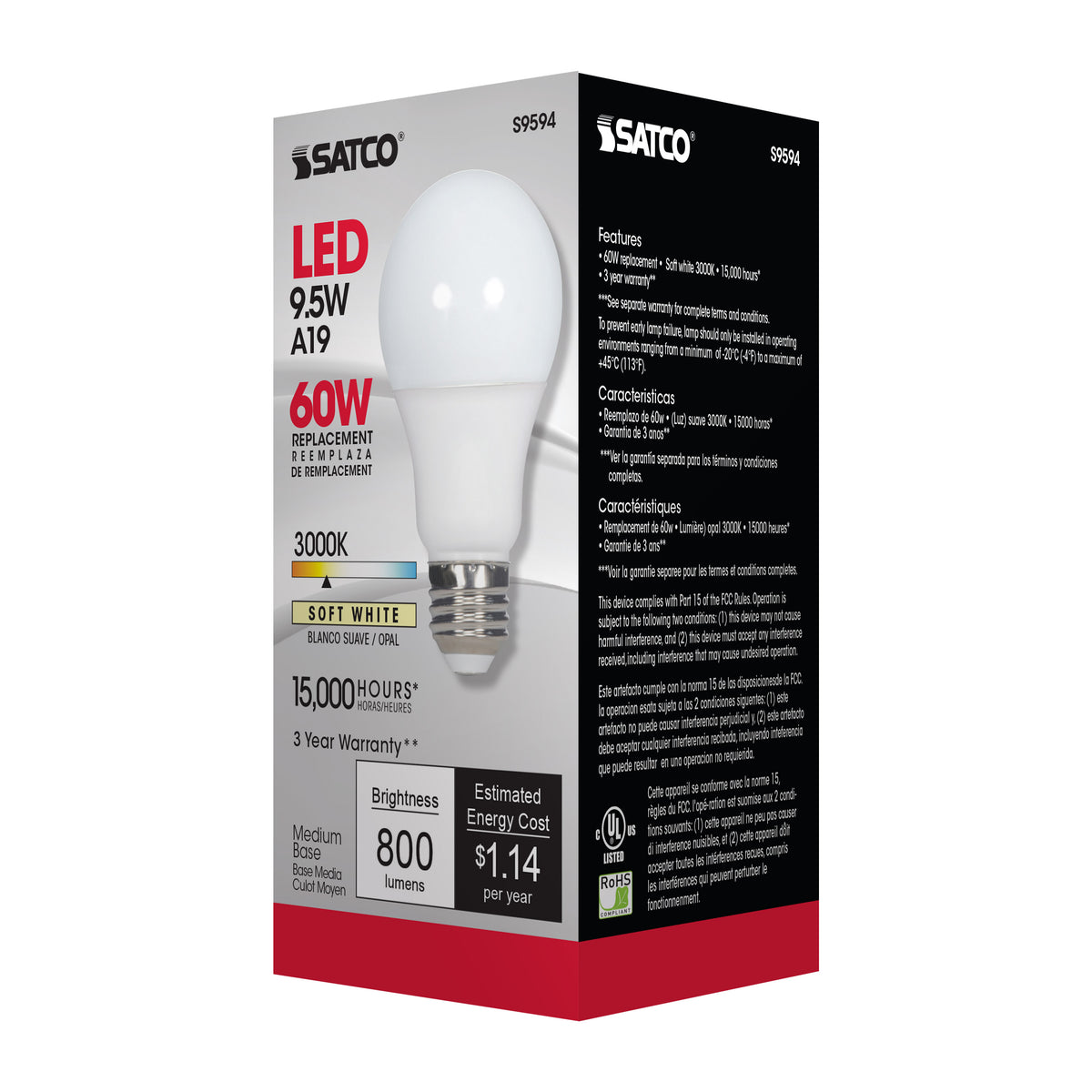 9.5 Watt - A19 LED - Frosted - 3000K Medium base - 220 deg. Beam Angle - 120 Volt - Non-Dimmable