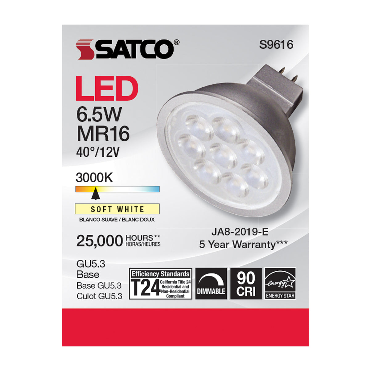 6.5 Watt - LED MR16 LED - 3000K - 40 deg. Beam Angle - GU5.3 base - 12 Volt AC/DC