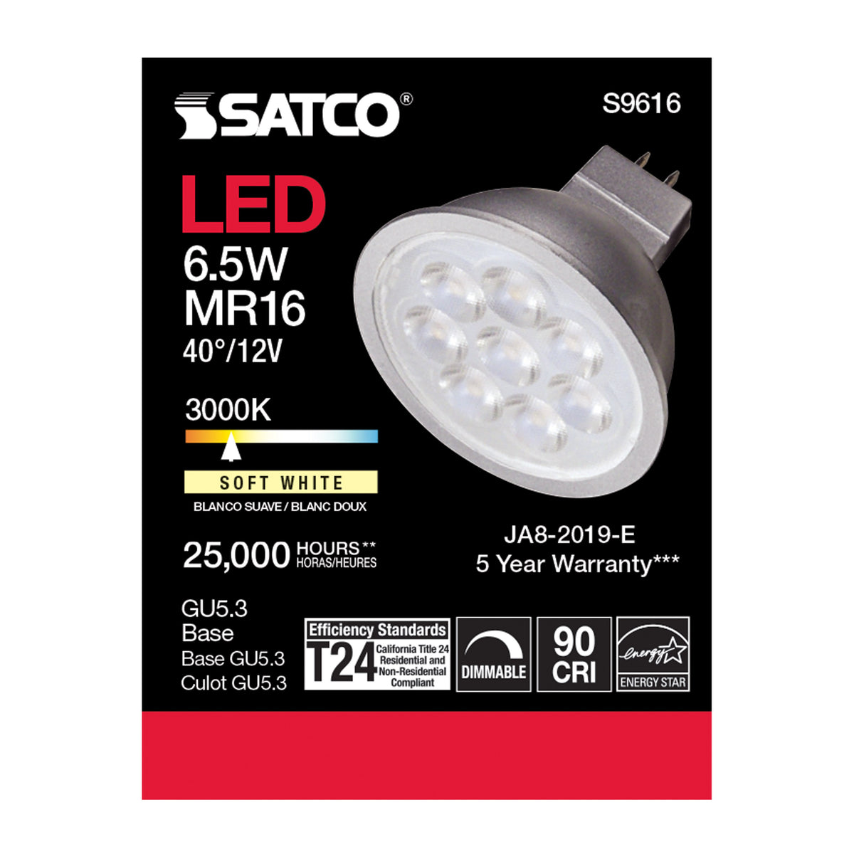6.5 Watt - LED MR16 LED - 3000K - 40 deg. Beam Angle - GU5.3 base - 12 Volt AC/DC