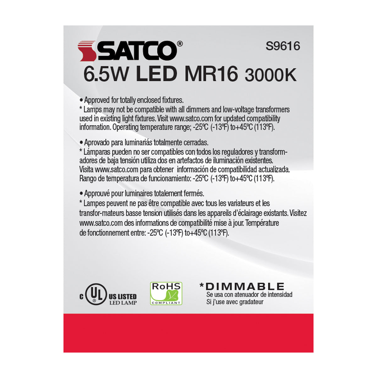 6.5 Watt - LED MR16 LED - 3000K - 40 deg. Beam Angle - GU5.3 base - 12 Volt AC/DC