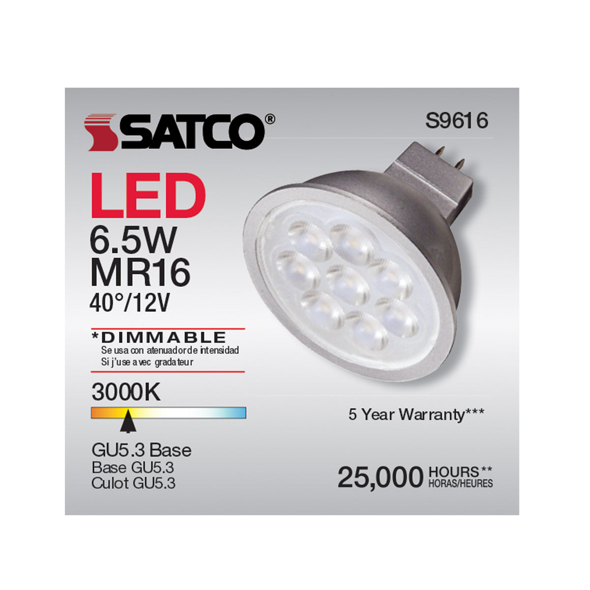 6.5 Watt - LED MR16 LED - 3000K - 40 deg. Beam Angle - GU5.3 base - 12 Volt AC/DC