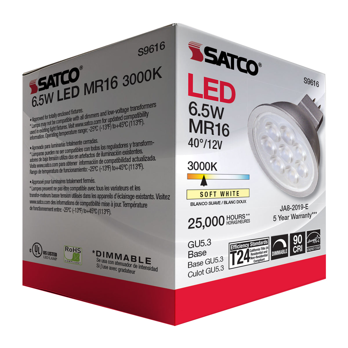 6.5 Watt - LED MR16 LED - 3000K - 40 deg. Beam Angle - GU5.3 base - 12 Volt AC/DC