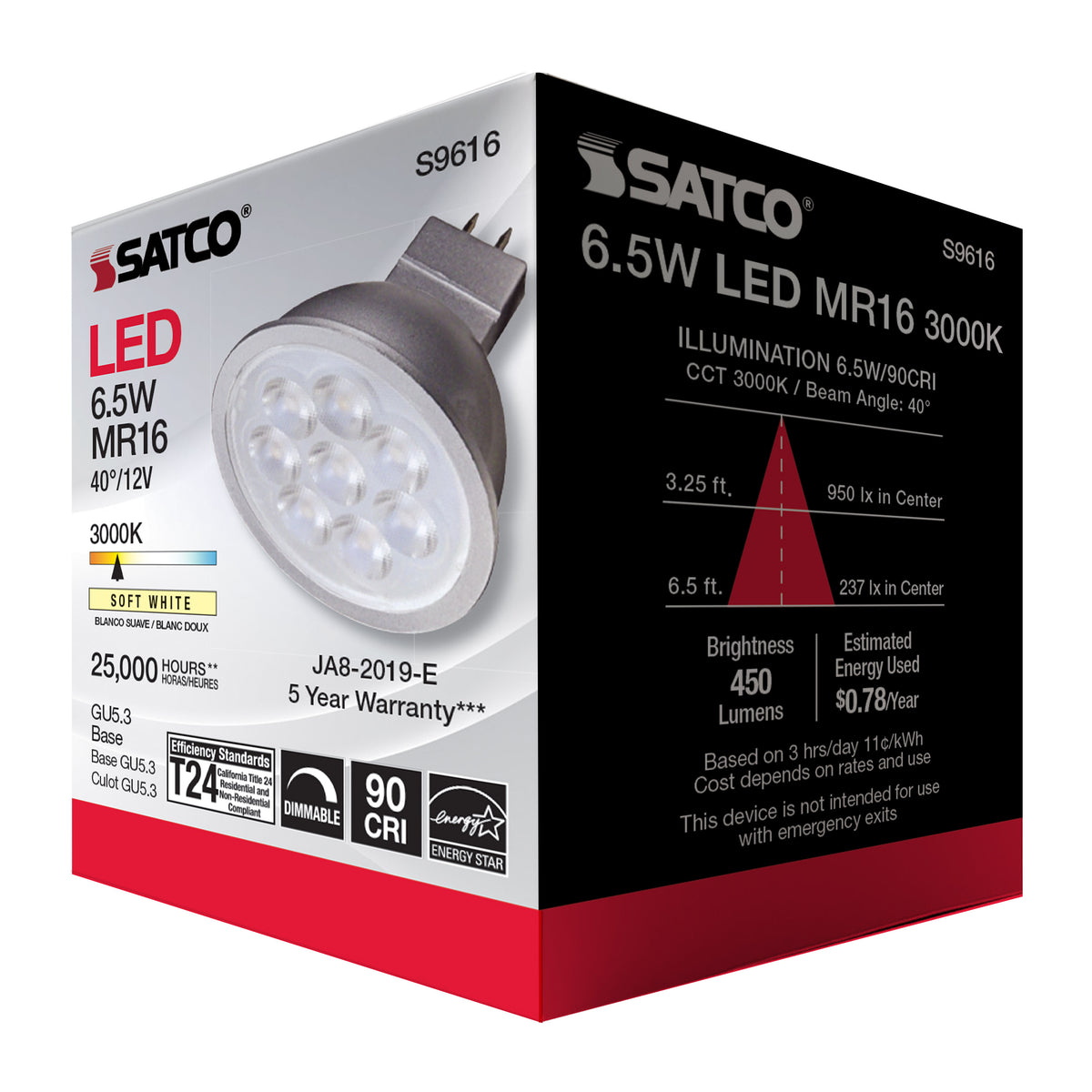 6.5 Watt - LED MR16 LED - 3000K - 40 deg. Beam Angle - GU5.3 base - 12 Volt AC/DC