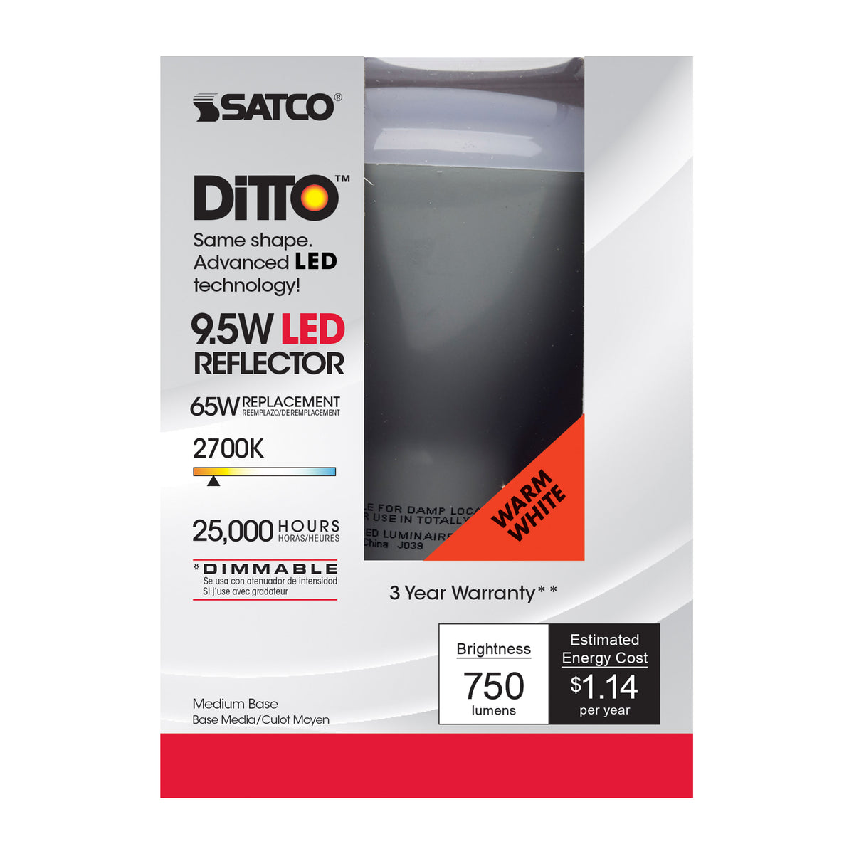 9.5 Watt - BR30 LED - 105 deg. Beam Angle - 2700K - Medium base - 120 Volt - Dimmable