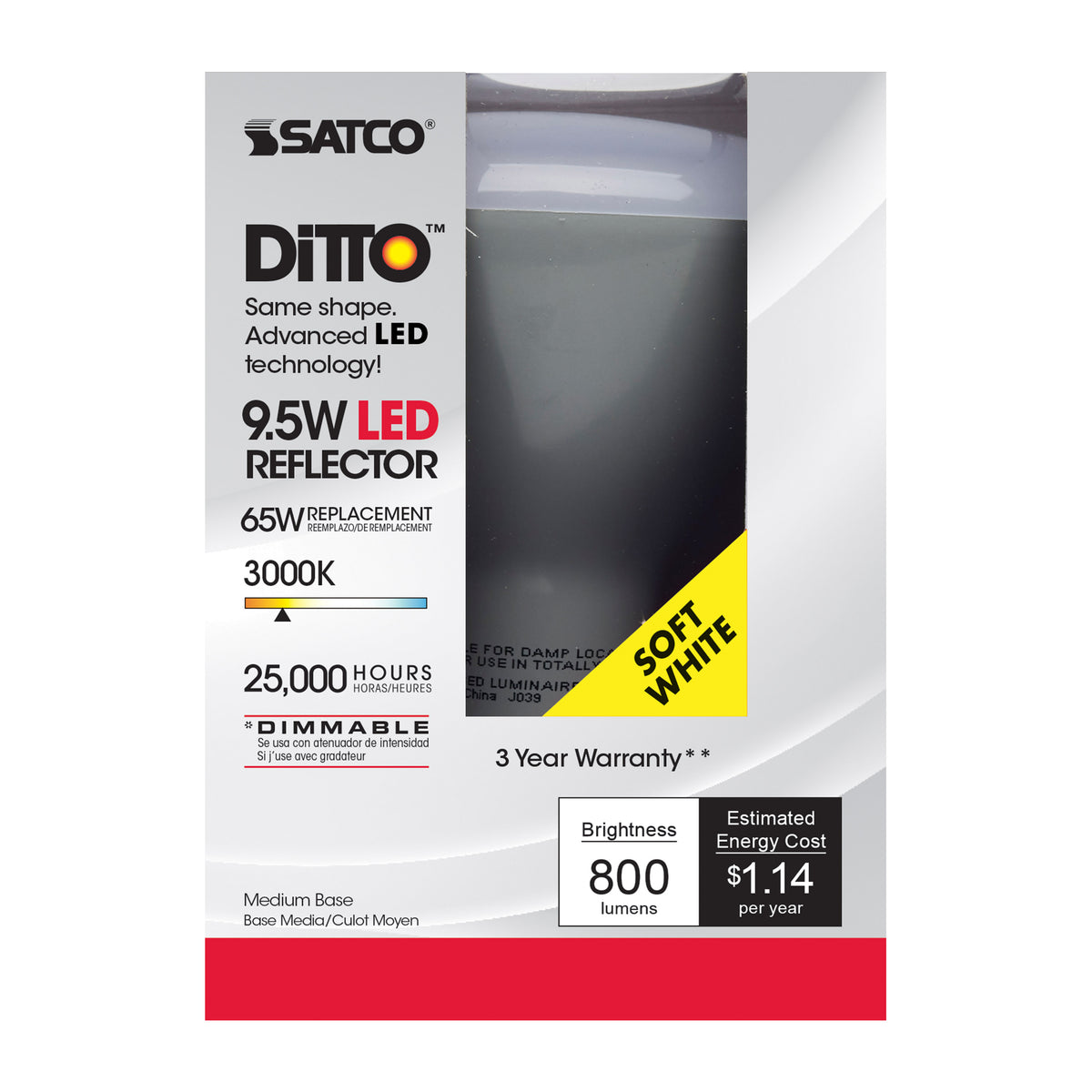 9.5 Watt - BR30 LED - 105 deg. Beam Angle - 3000K - Medium base - 120 Volt - Dimmable