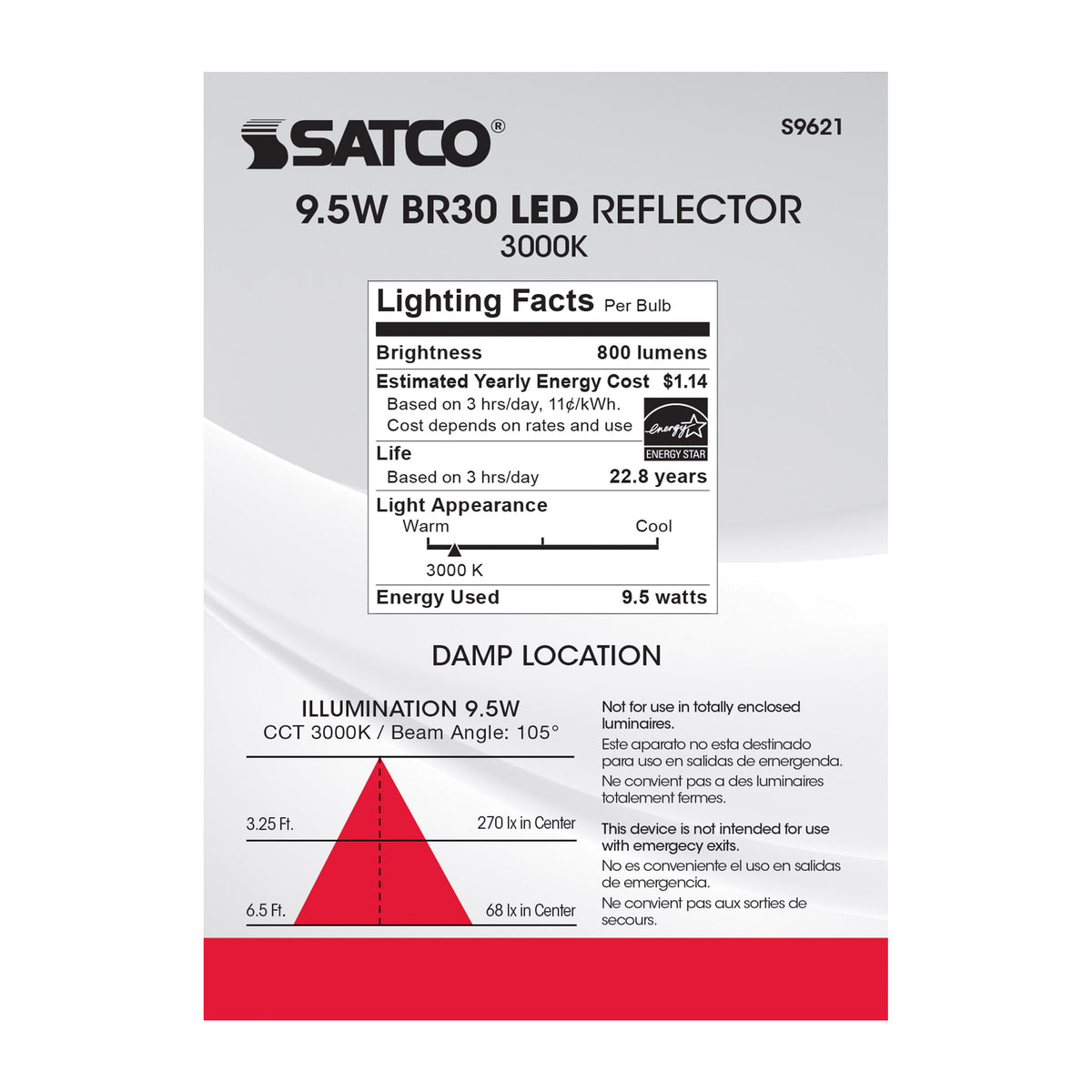 9.5 Watt - BR30 LED - 105 deg. Beam Angle - 3000K - Medium base - 120 Volt - Dimmable