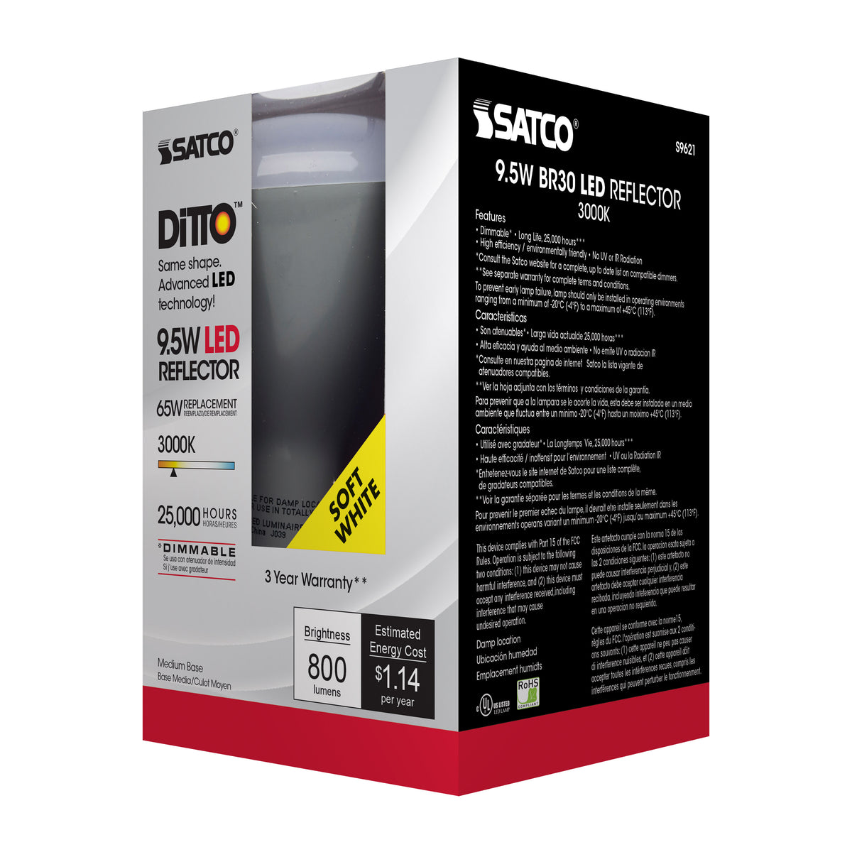 9.5 Watt - BR30 LED - 105 deg. Beam Angle - 3000K - Medium base - 120 Volt - Dimmable