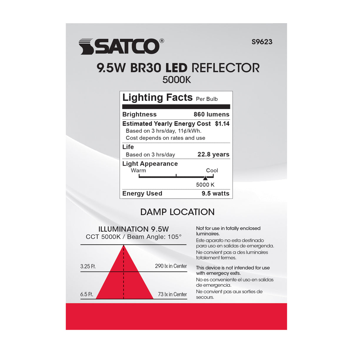 9.5 Watt - BR30 LED - 105 deg. Beam Angle - 5000K - Medium base - 120 Volt - Dimmable
