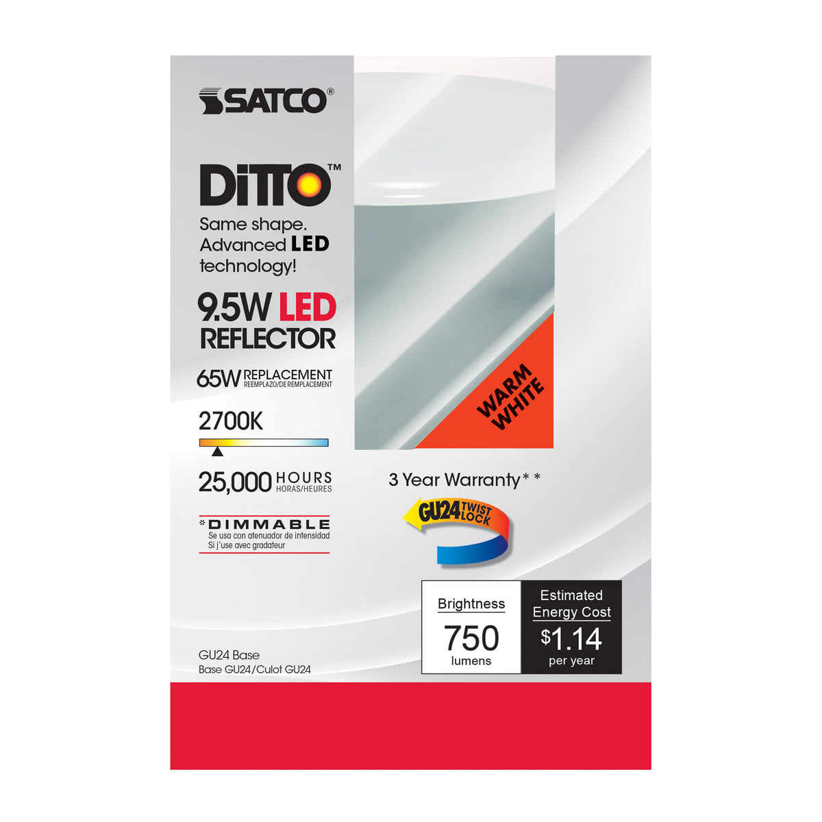 9.5 Watt - BR30 LED - 105 deg. Beam Angle - 2700K - GU24 base - 120 Volt - Dimmable