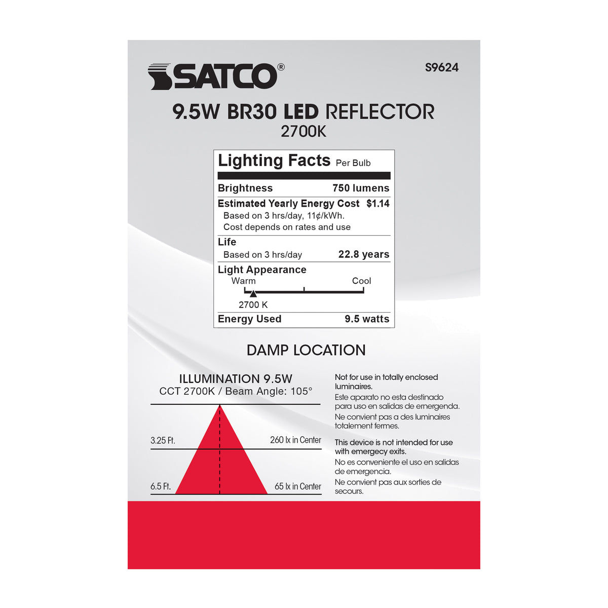 9.5 Watt - BR30 LED - 105 deg. Beam Angle - 2700K - GU24 base - 120 Volt - Dimmable