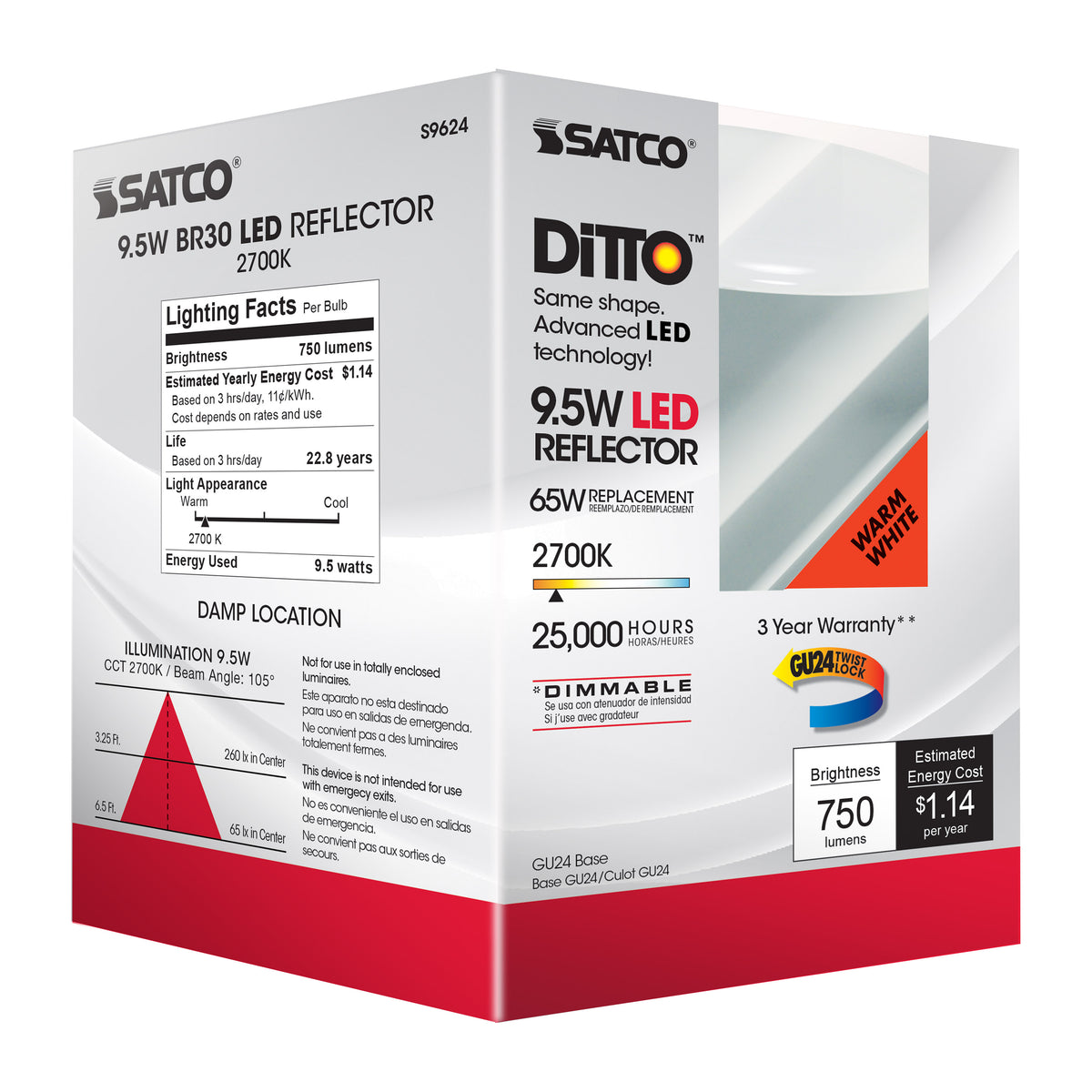 9.5 Watt - BR30 LED - 105 deg. Beam Angle - 2700K - GU24 base - 120 Volt - Dimmable