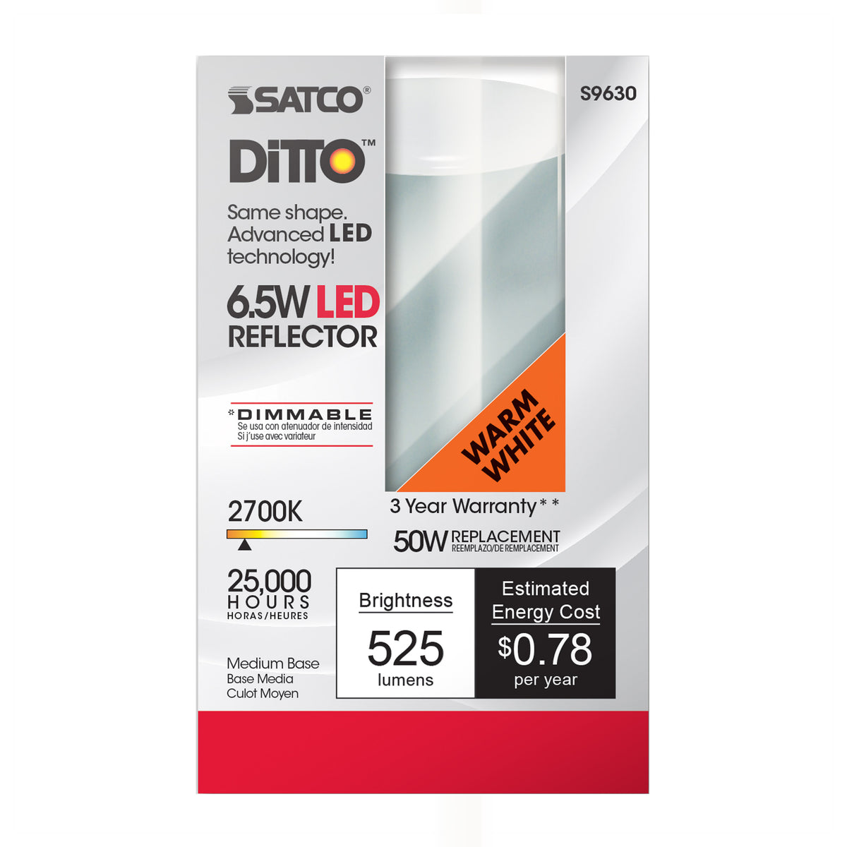 6.5 Watt - LED R20 - 2700K - 107 deg. Beam Angle - Medium base - 120 Volt - Dimmable