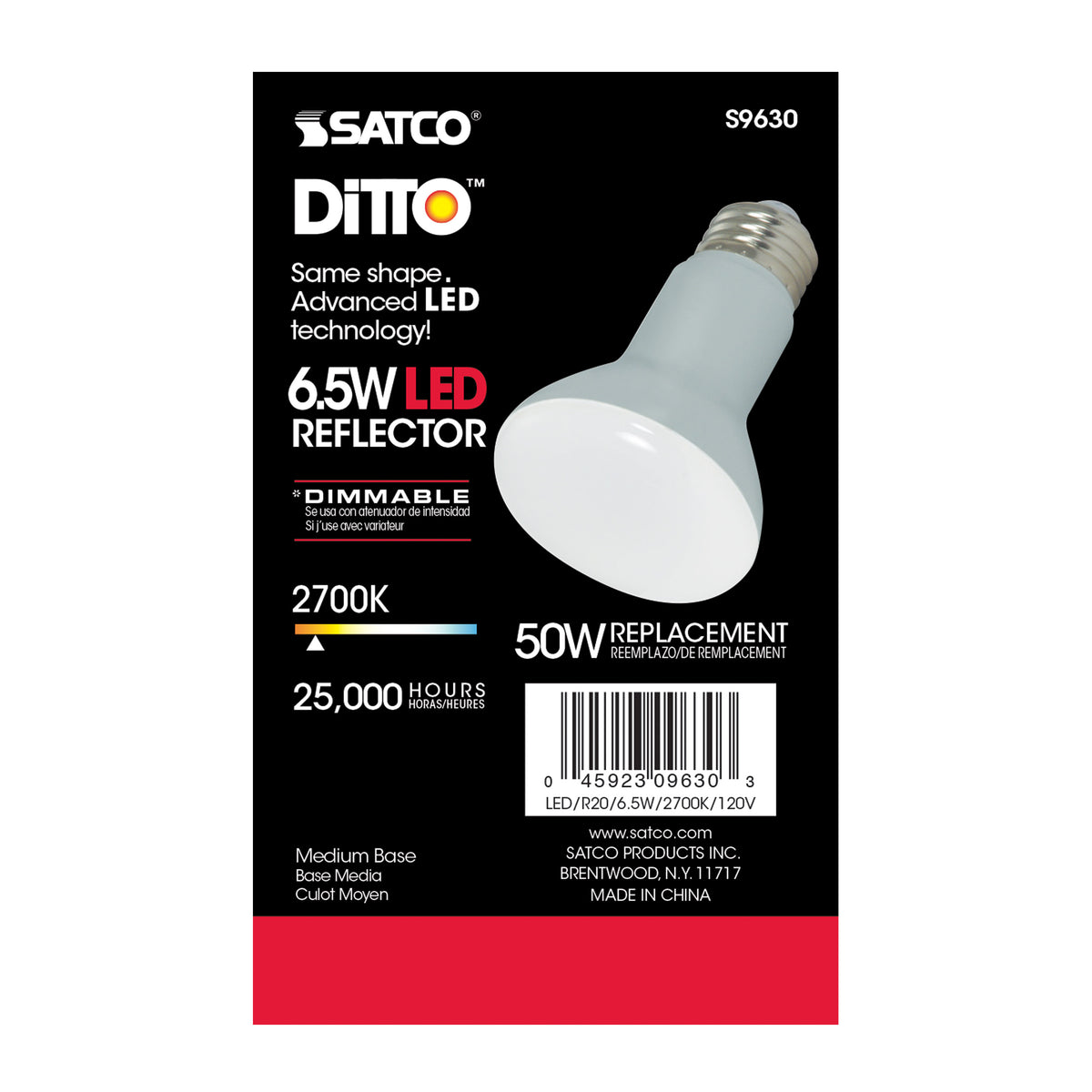 6.5 Watt - LED R20 - 2700K - 107 deg. Beam Angle - Medium base - 120 Volt - Dimmable