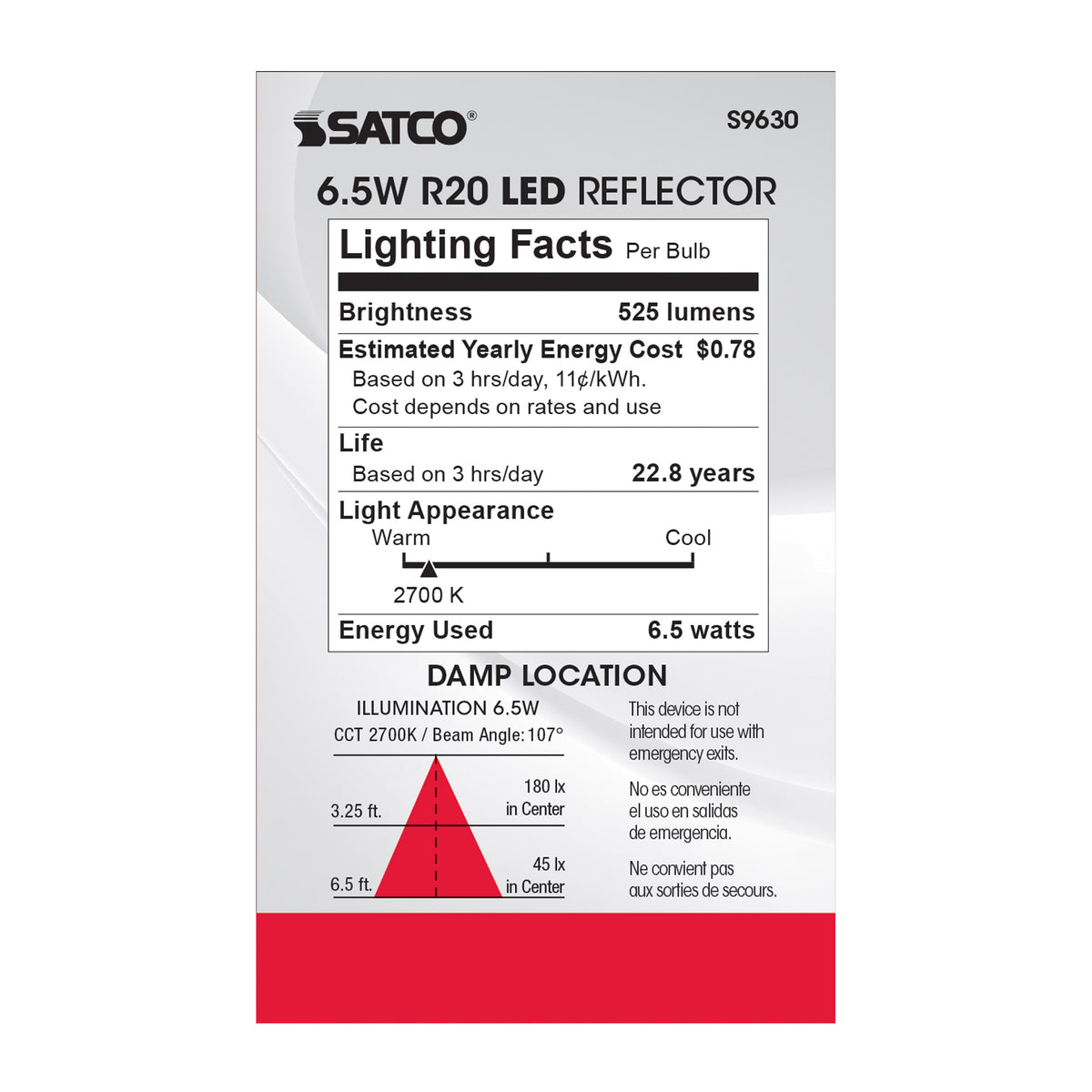 6.5 Watt - LED R20 - 2700K - 107 deg. Beam Angle - Medium base - 120 Volt - Dimmable
