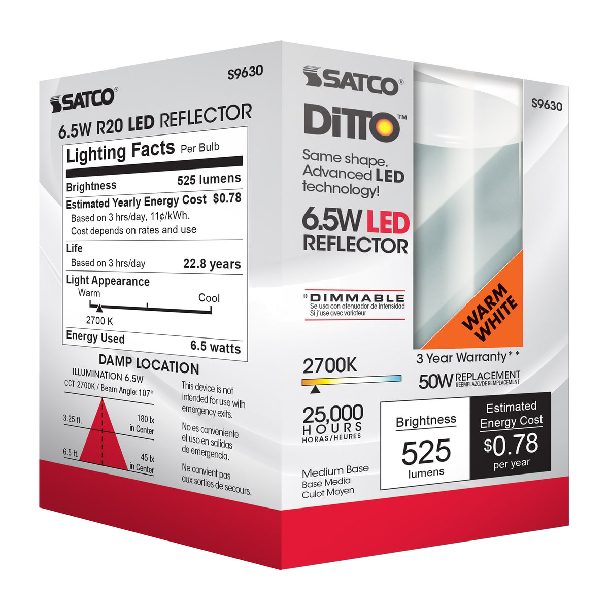 6.5 Watt - LED R20 - 2700K - 107 deg. Beam Angle - Medium base - 120 Volt - Dimmable