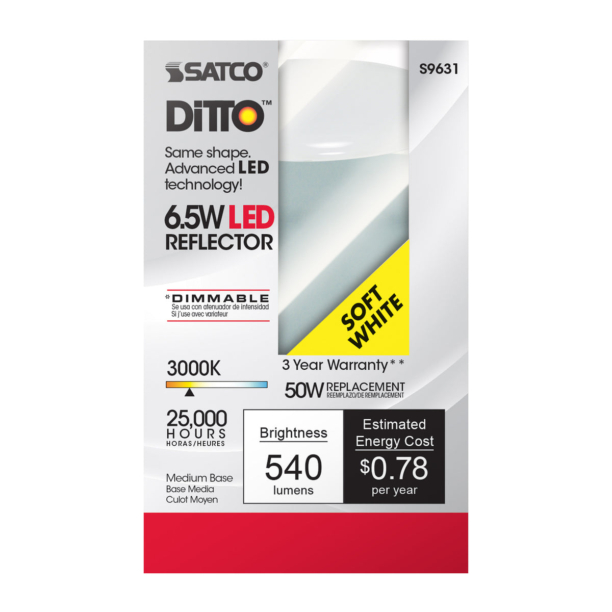 6.5 Watt - LED R20 - 3000K - 107 deg. Beam Angle - Medium base - 120 Volt - Dimmable