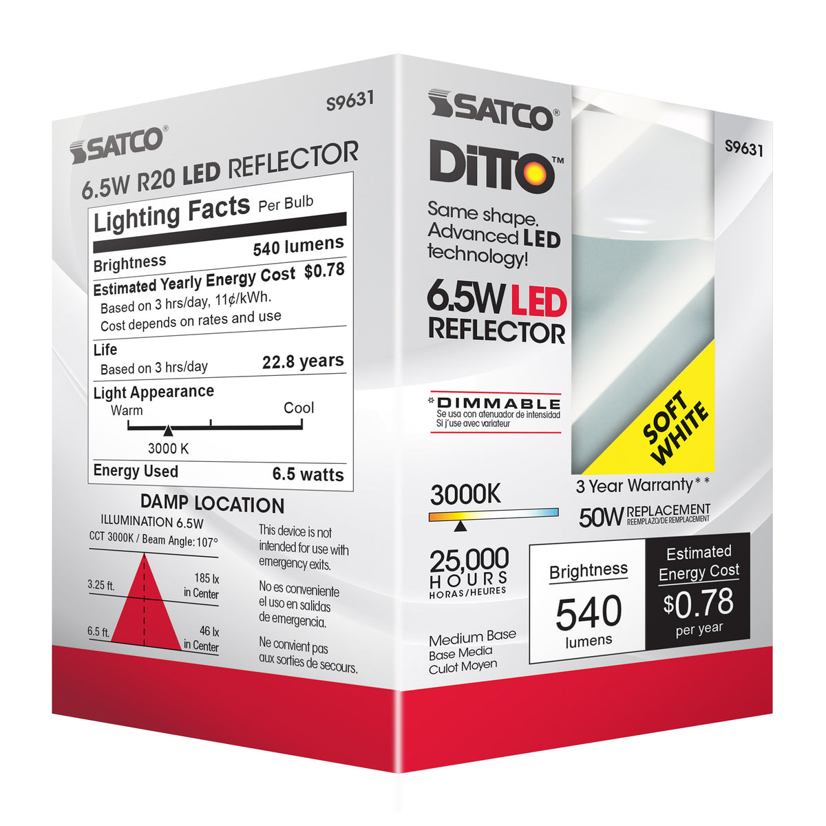 6.5 Watt - LED R20 - 3000K - 107 deg. Beam Angle - Medium base - 120 Volt - Dimmable