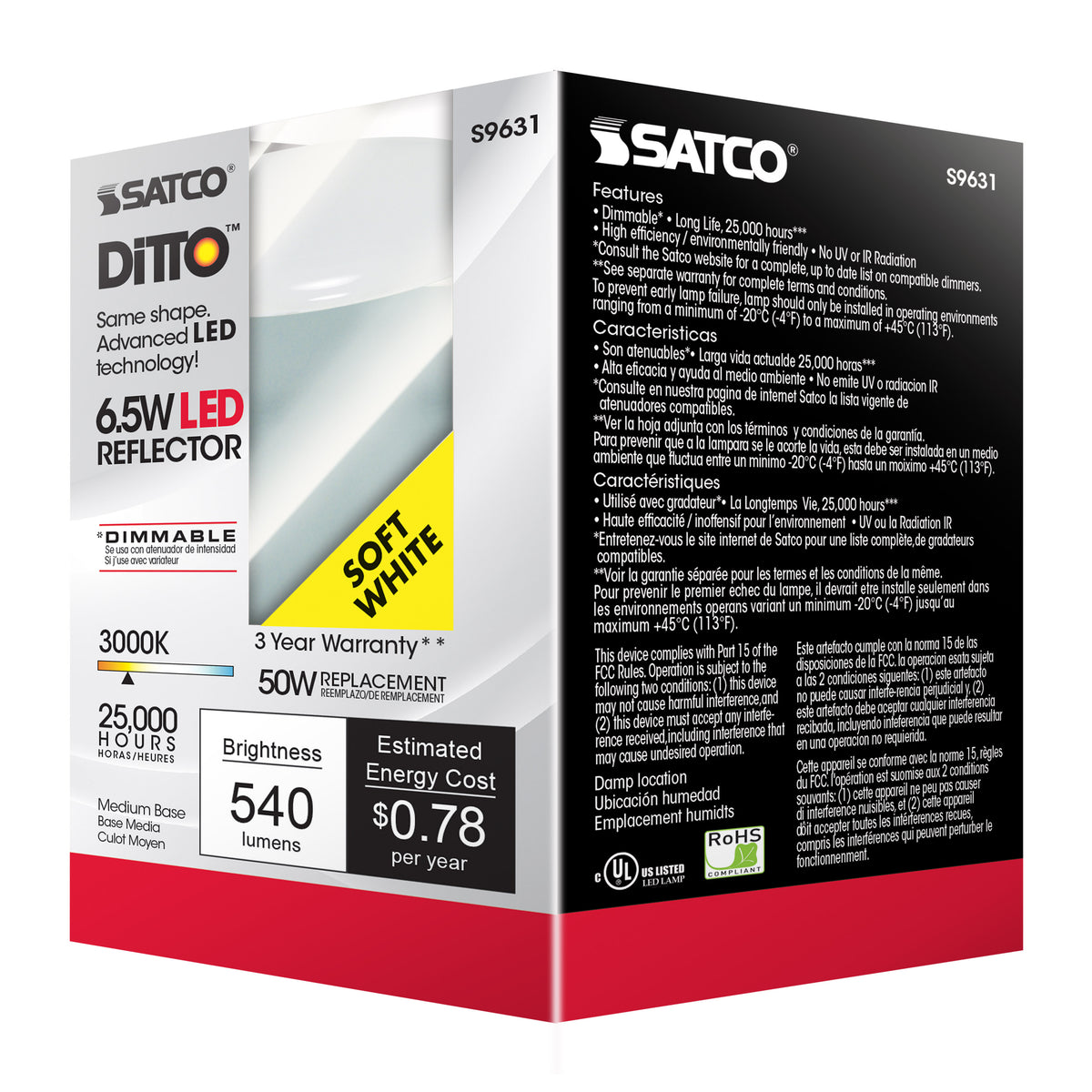 6.5 Watt - LED R20 - 3000K - 107 deg. Beam Angle - Medium base - 120 Volt - Dimmable