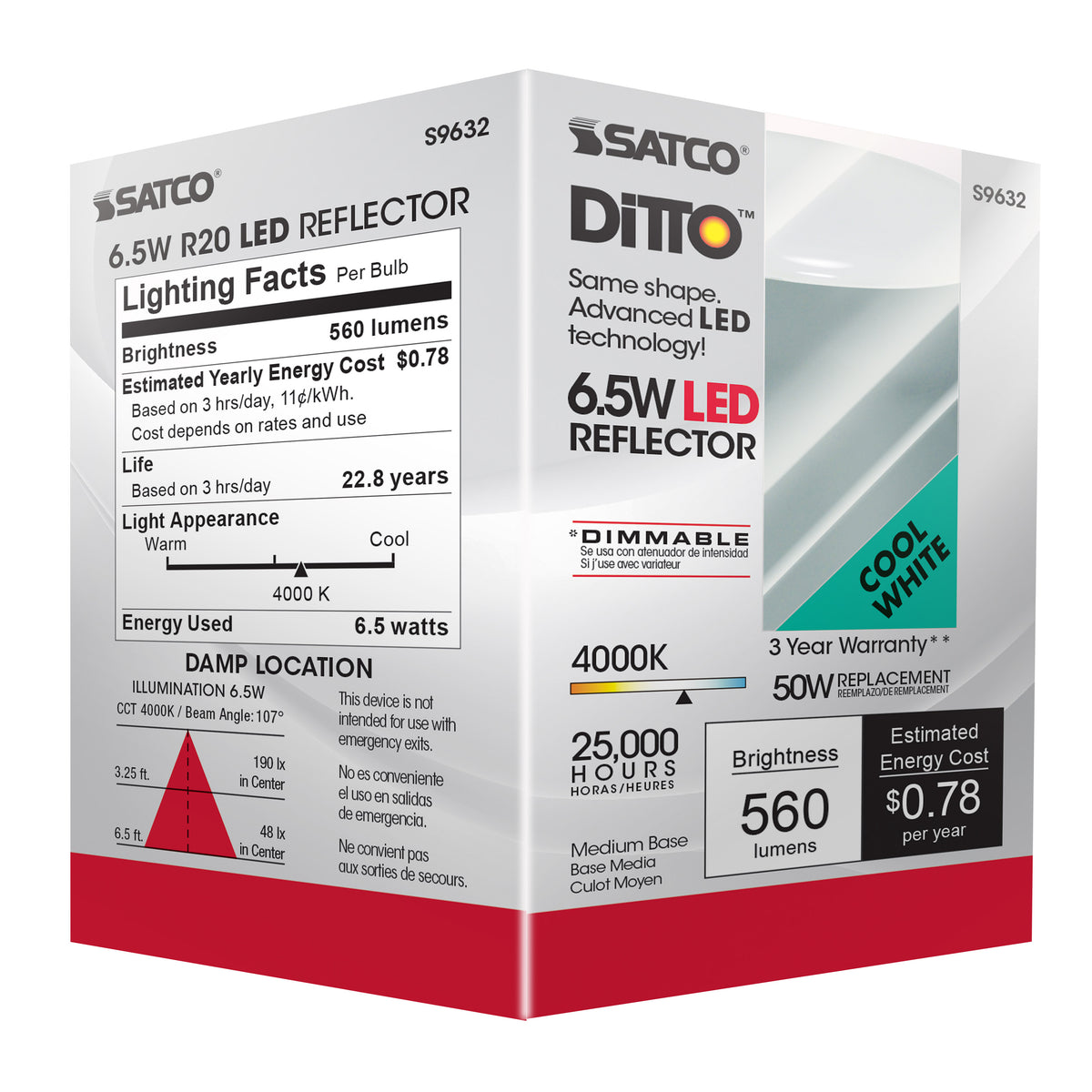 6.5 Watt - LED R20 - 4000K - 107 deg. Beam Angle - Medium base - 120 Volt - Dimmable