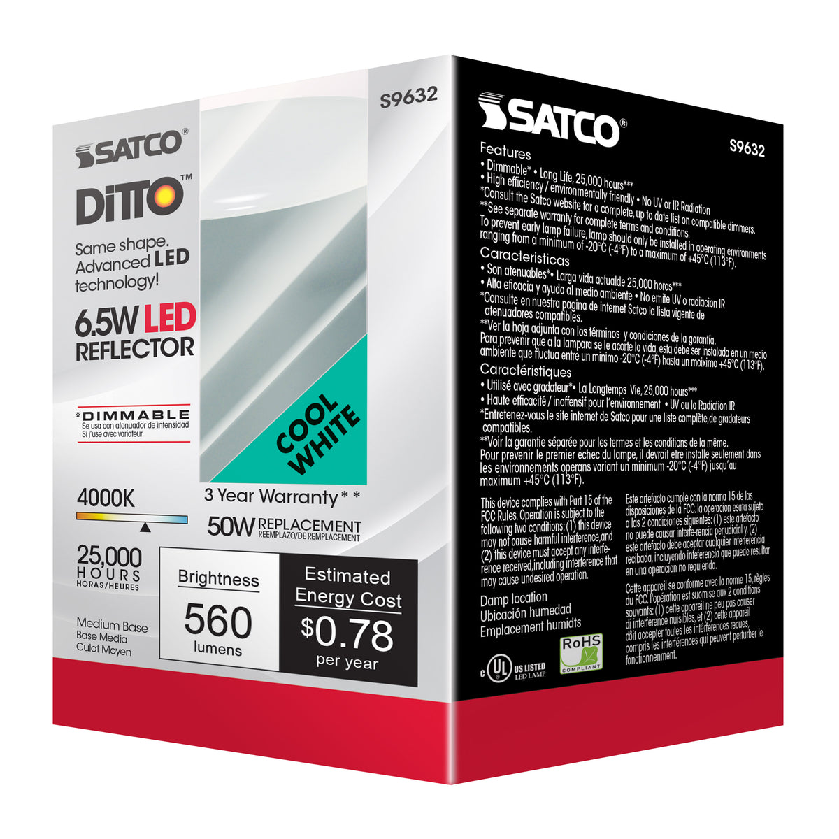 6.5 Watt - LED R20 - 4000K - 107 deg. Beam Angle - Medium base - 120 Volt - Dimmable