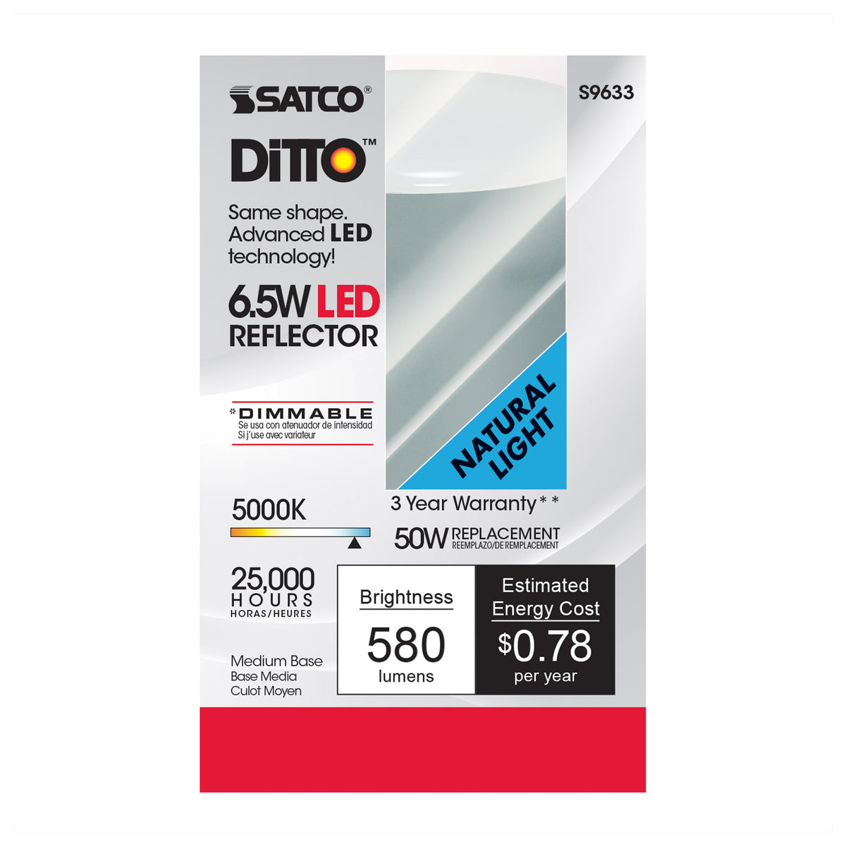 6.5 Watt - LED R20 - 5000K - 107 deg. Beam Angle - Medium base - 120 Volt - Dimmable