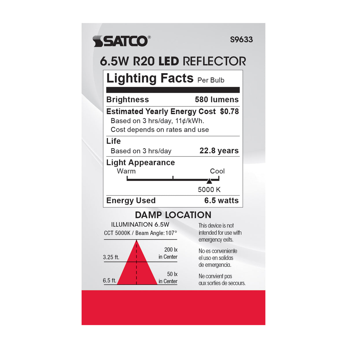 6.5 Watt - LED R20 - 5000K - 107 deg. Beam Angle - Medium base - 120 Volt - Dimmable