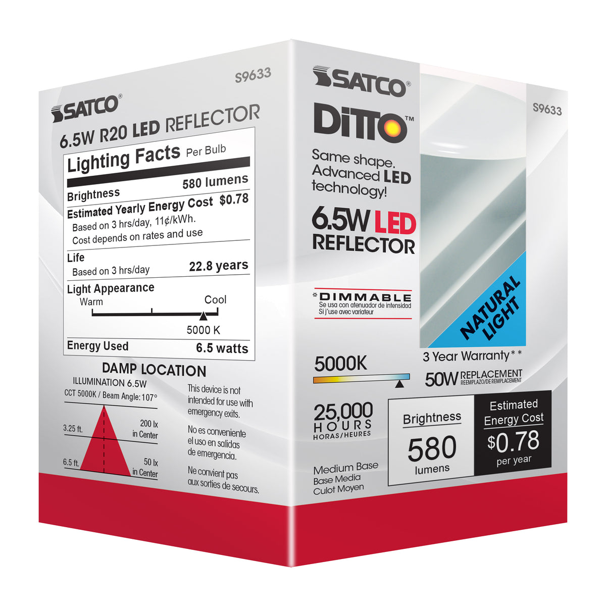 6.5 Watt - LED R20 - 5000K - 107 deg. Beam Angle - Medium base - 120 Volt - Dimmable