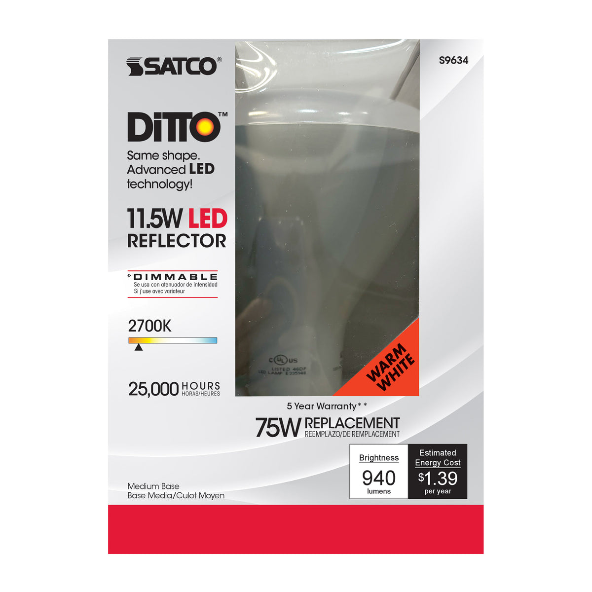 11.5 Watt - LED BR40 - 2700K - 103 deg. Beam Angle - Medium base - 120 Volt - Dimmable