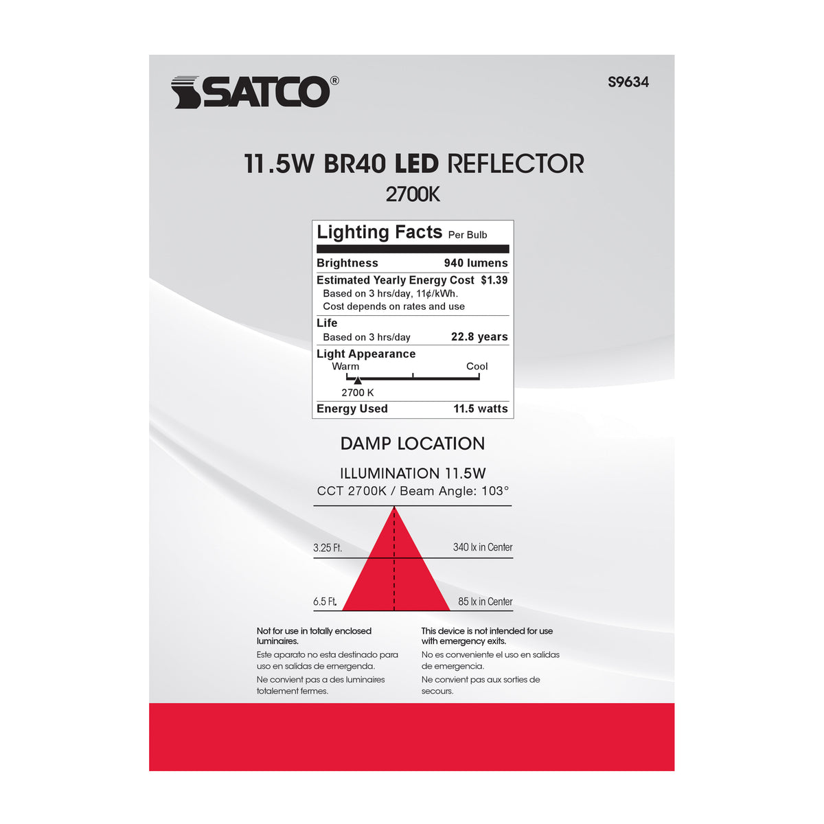 11.5 Watt - LED BR40 - 2700K - 103 deg. Beam Angle - Medium base - 120 Volt - Dimmable