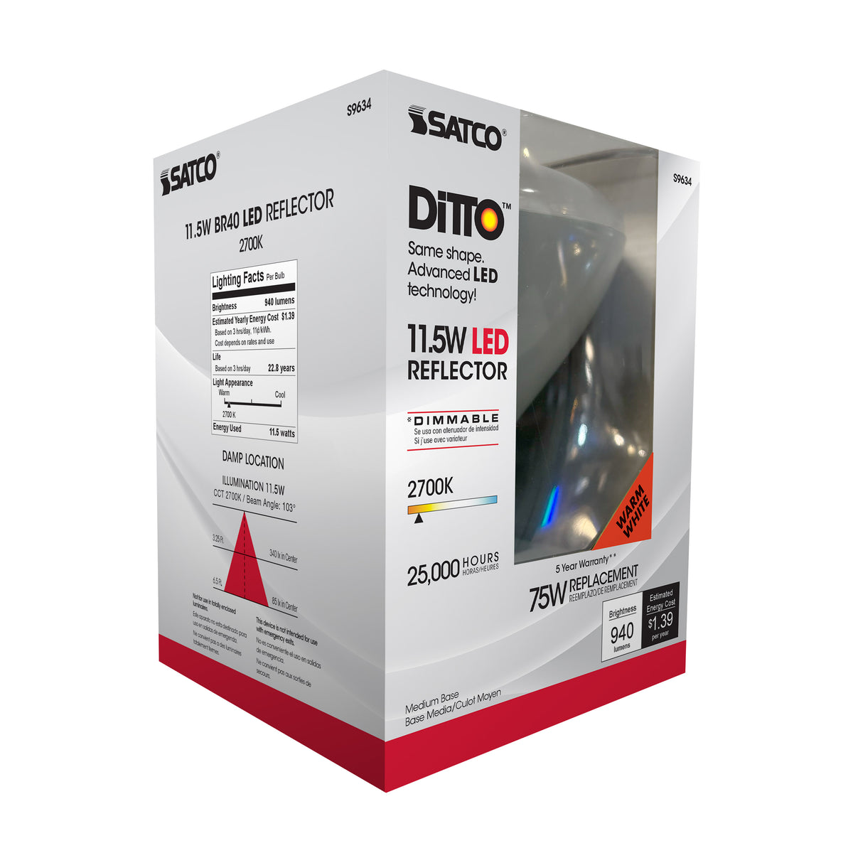 11.5 Watt - LED BR40 - 2700K - 103 deg. Beam Angle - Medium base - 120 Volt - Dimmable