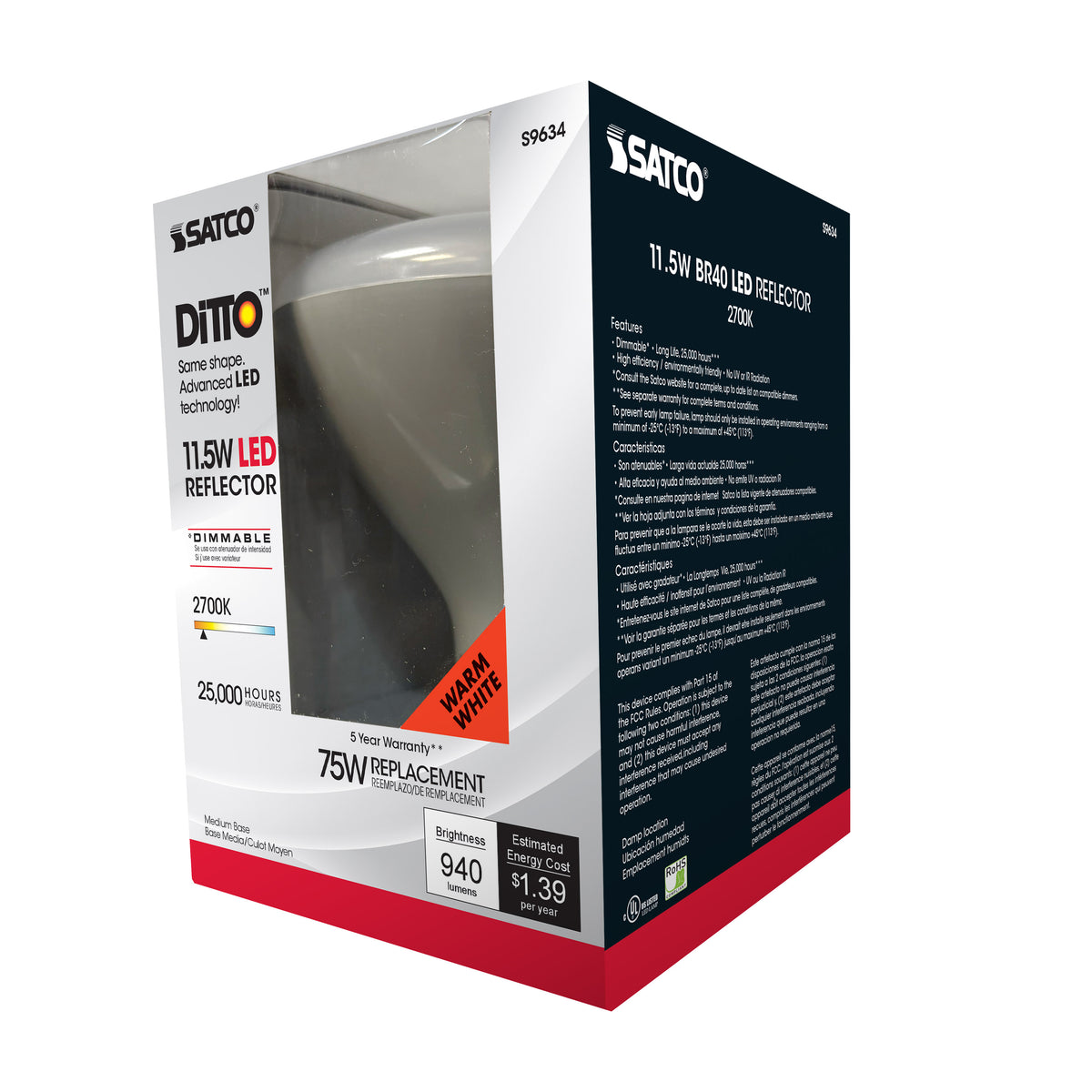 11.5 Watt - LED BR40 - 2700K - 103 deg. Beam Angle - Medium base - 120 Volt - Dimmable