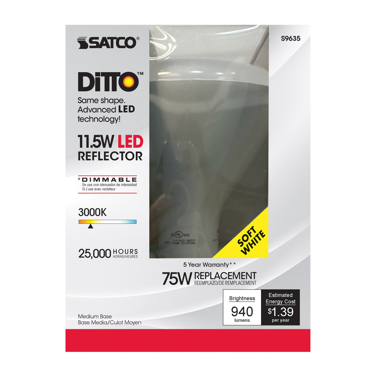 11.5 Watt - LED BR40 - 3000K - 103 deg. Beam Angle - Medium base - 120 Volt - Dimmable