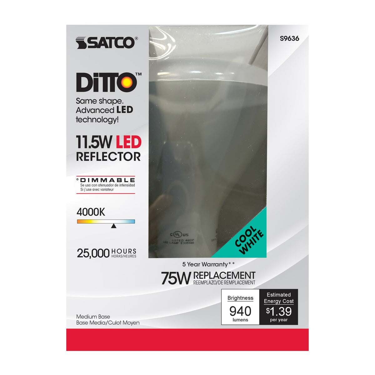 11.5 Watt - LED BR40 - 4000K - 103 deg. Beam Angle - Medium base - 120 Volt - dimmable