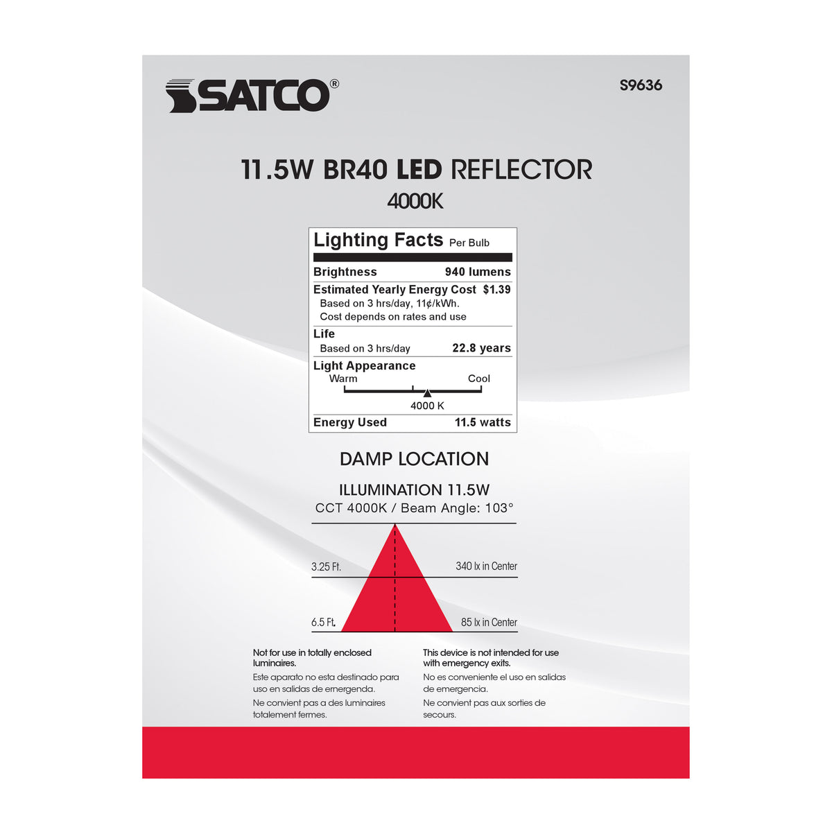 11.5 Watt - LED BR40 - 4000K - 103 deg. Beam Angle - Medium base - 120 Volt - dimmable
