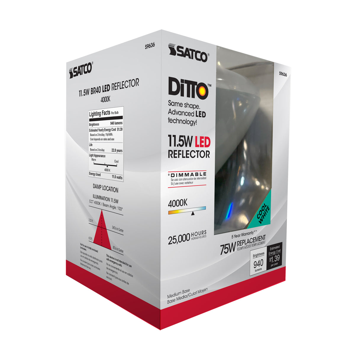 11.5 Watt - LED BR40 - 4000K - 103 deg. Beam Angle - Medium base - 120 Volt - dimmable