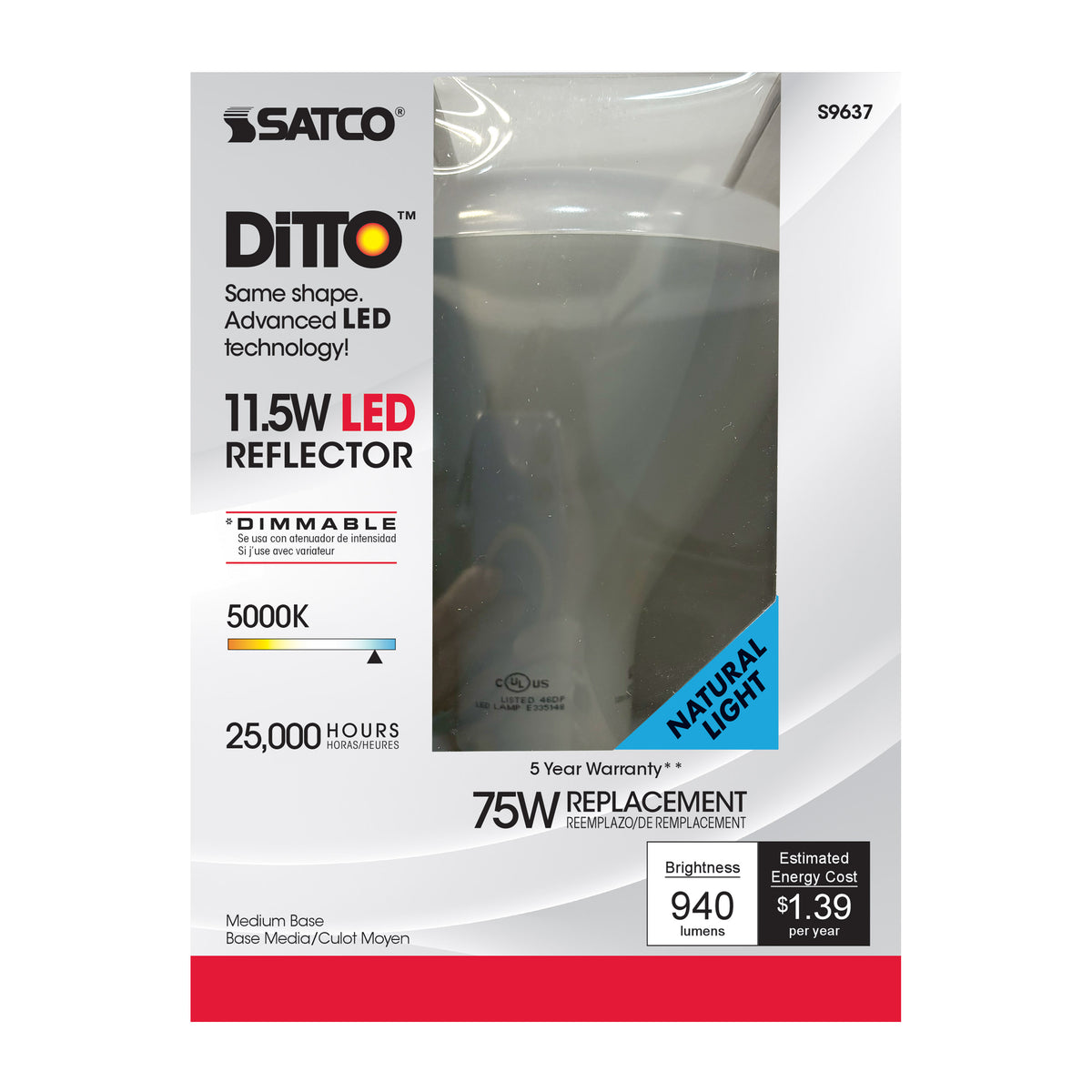 11.5 Watt - LED BR40 - 5000K - 103 deg. Beam Angle - Medium base - 120 Volt - dimmable