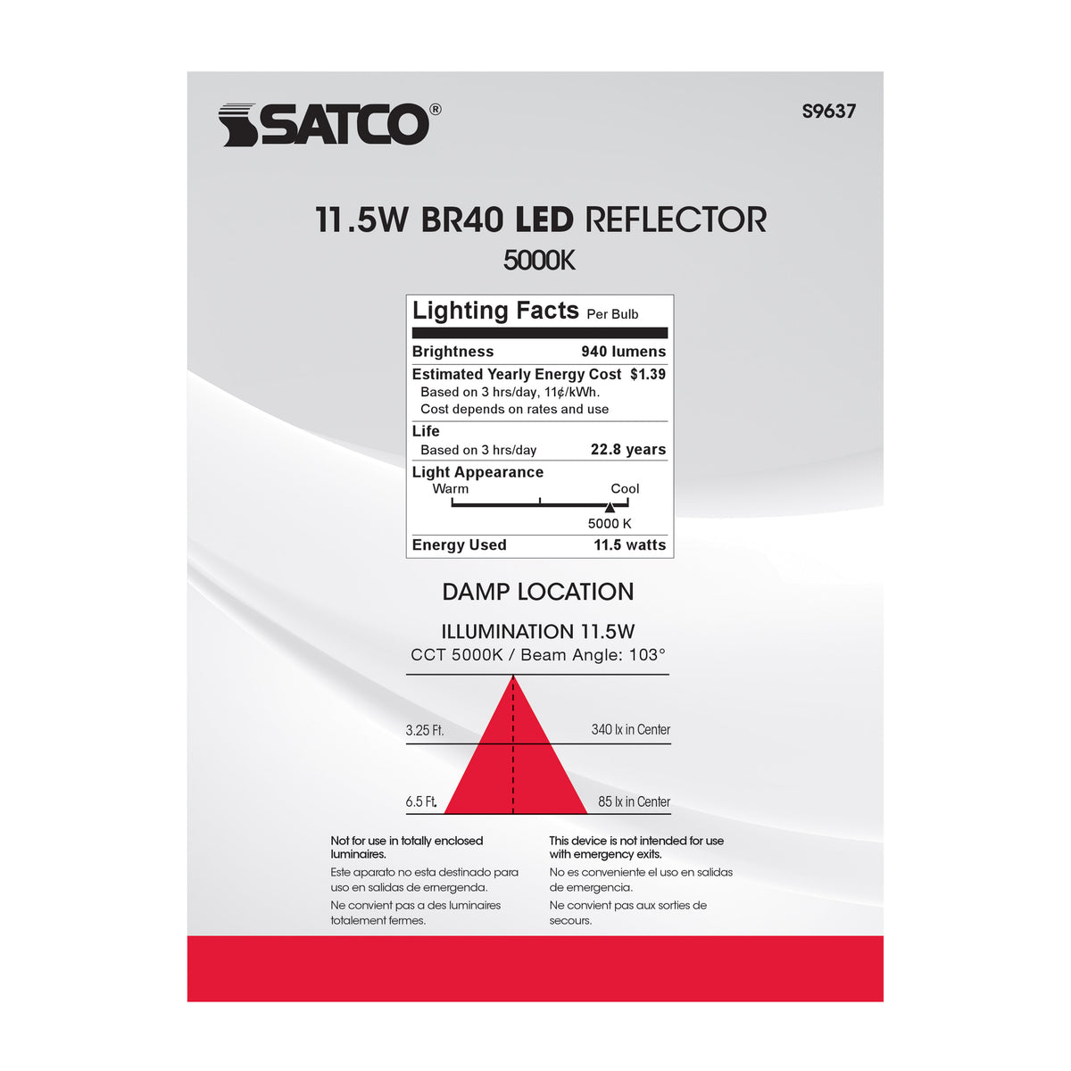 11.5 Watt - LED BR40 - 5000K - 103 deg. Beam Angle - Medium base - 120 Volt - dimmable