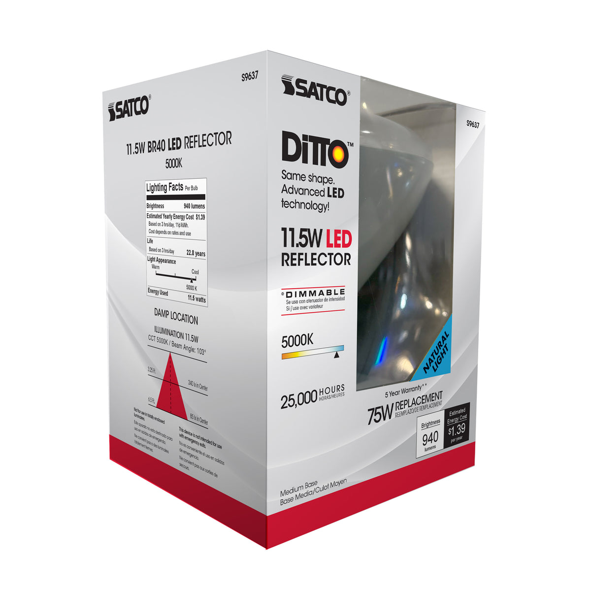 11.5 Watt - LED BR40 - 5000K - 103 deg. Beam Angle - Medium base - 120 Volt - dimmable