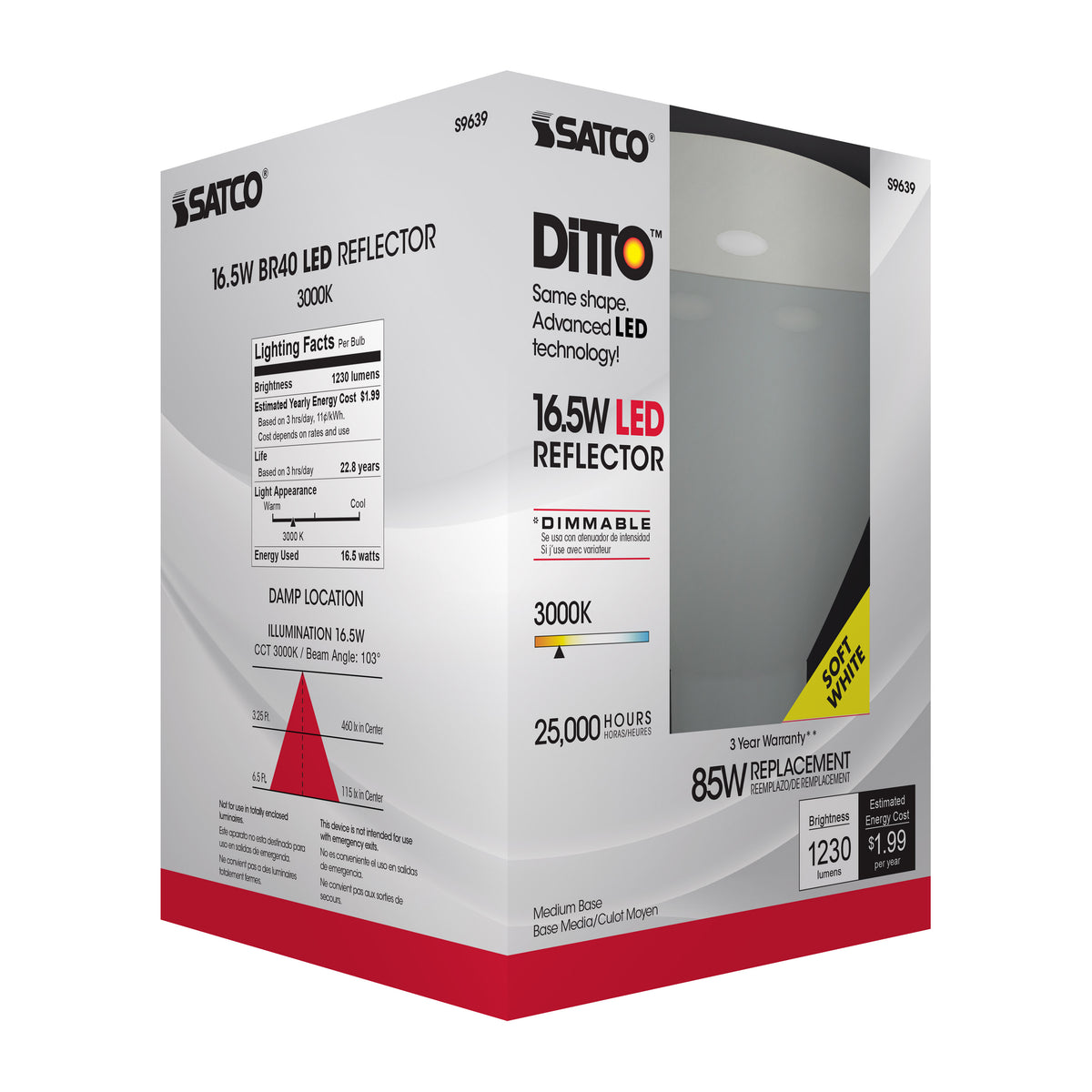 16.5 Watt - LED BR40 - 3000K - 103 deg. Beam Angle - Medium base - 120 Volt - Dimmable