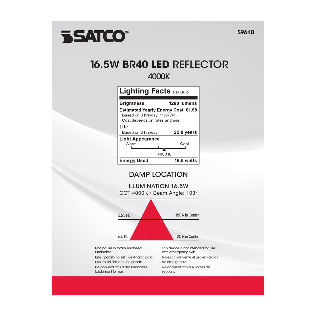 16.5 Watt - LED BR40 - 4000K - 103 deg. Beam Angle - Medium base - 120 Volt - Dimmable