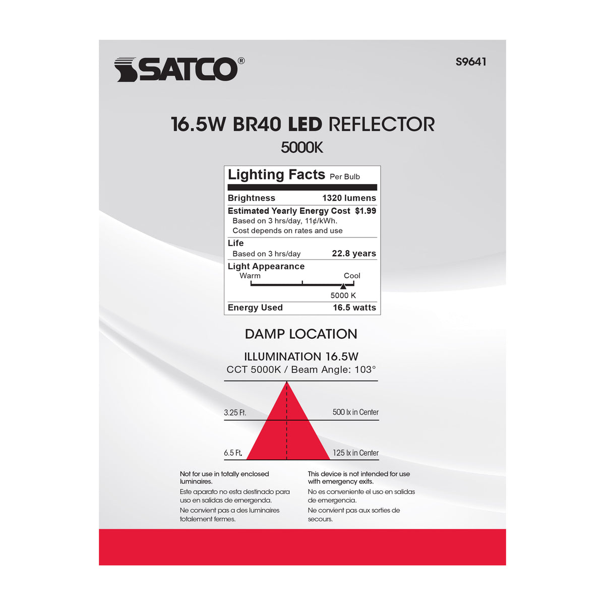 16.5 Watt - LED BR40 - 5000K - 103 deg. Beam Angle - Medium base - 120 Volt - Dimmable