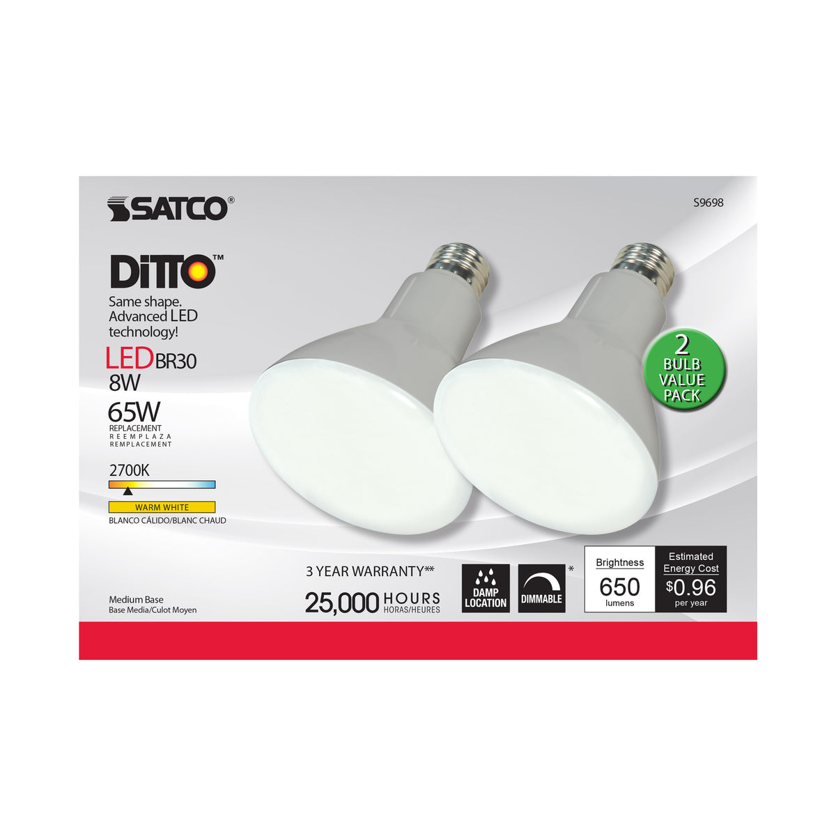 8 Watt - BR30 LED - Medium base - 2700K - 105 deg. Beam Angle - 120 Volt - 2-Pack Display Pack