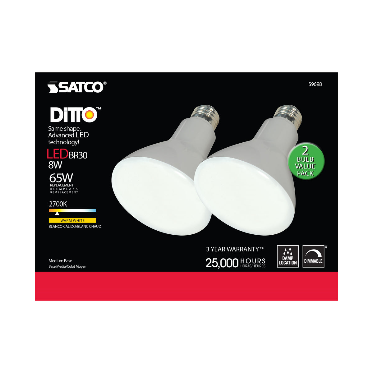 8 Watt - BR30 LED - Medium base - 2700K - 105 deg. Beam Angle - 120 Volt - 2-Pack Display Pack