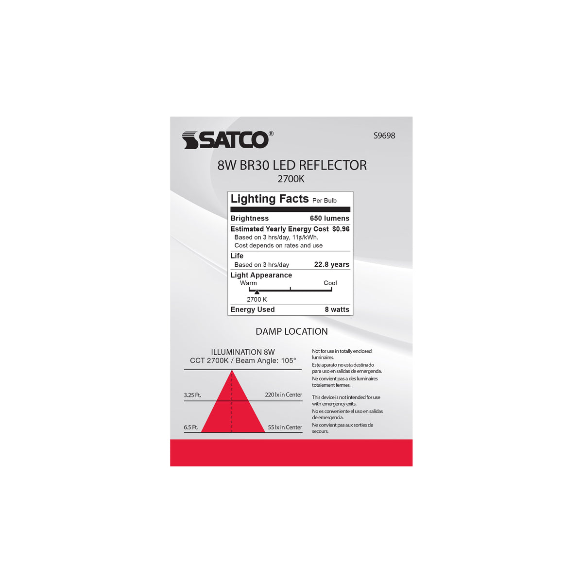 8 Watt - BR30 LED - Medium base - 2700K - 105 deg. Beam Angle - 120 Volt - 2-Pack Display Pack