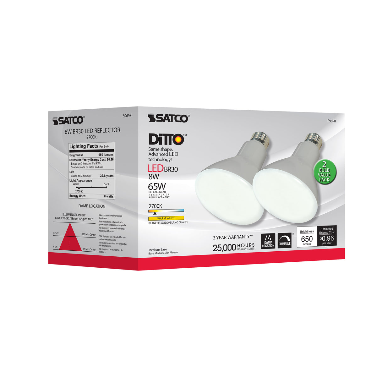 8 Watt - BR30 LED - Medium base - 2700K - 105 deg. Beam Angle - 120 Volt - 2-Pack Display Pack