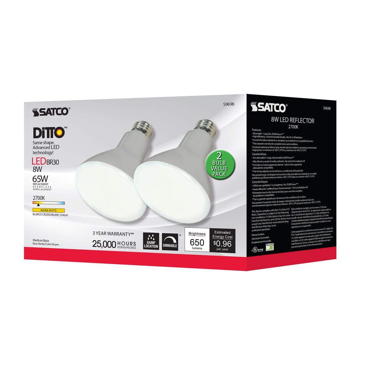 8 Watt - BR30 LED - Medium base - 2700K - 105 deg. Beam Angle - 120 Volt - 2-Pack Display Pack