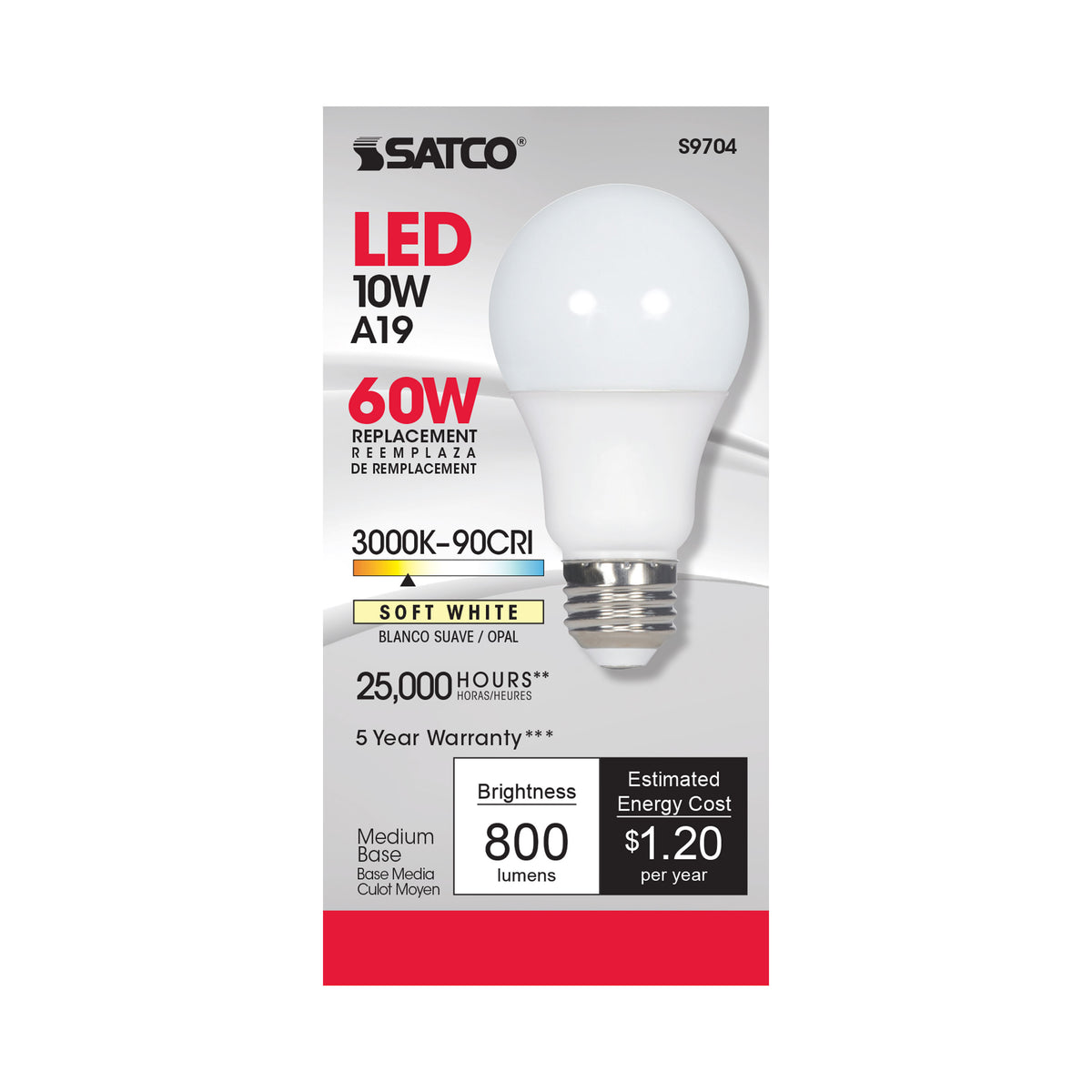 10 Watt - A19 LED - 3000K - Medium base - 220 deg. Beam Angle - 90CRI - 120 Volt